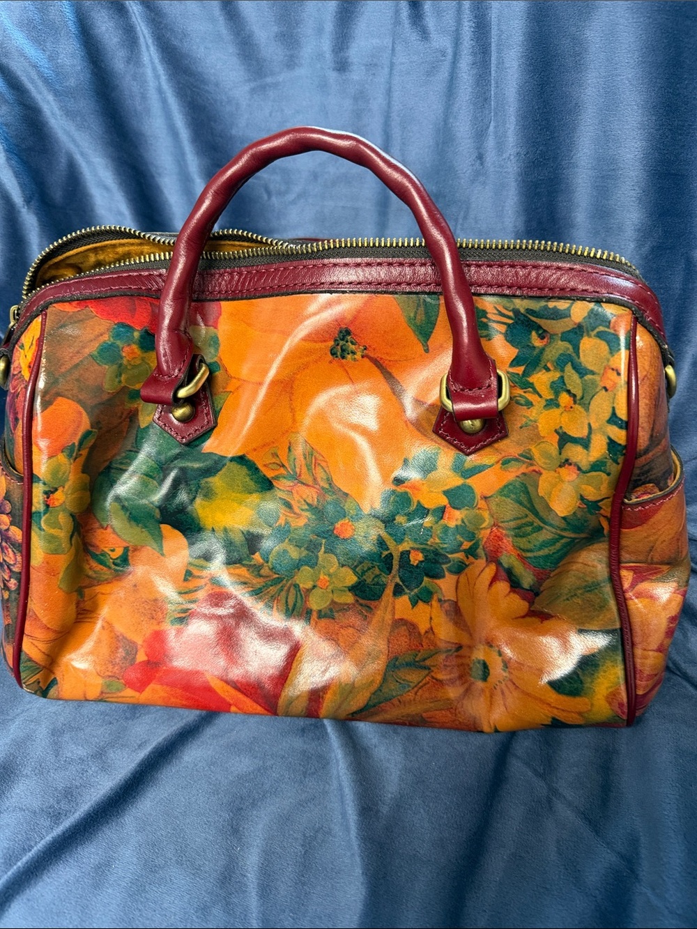 Patricia Nash Orange Floral Leather Satchel with Burgundy Handles
